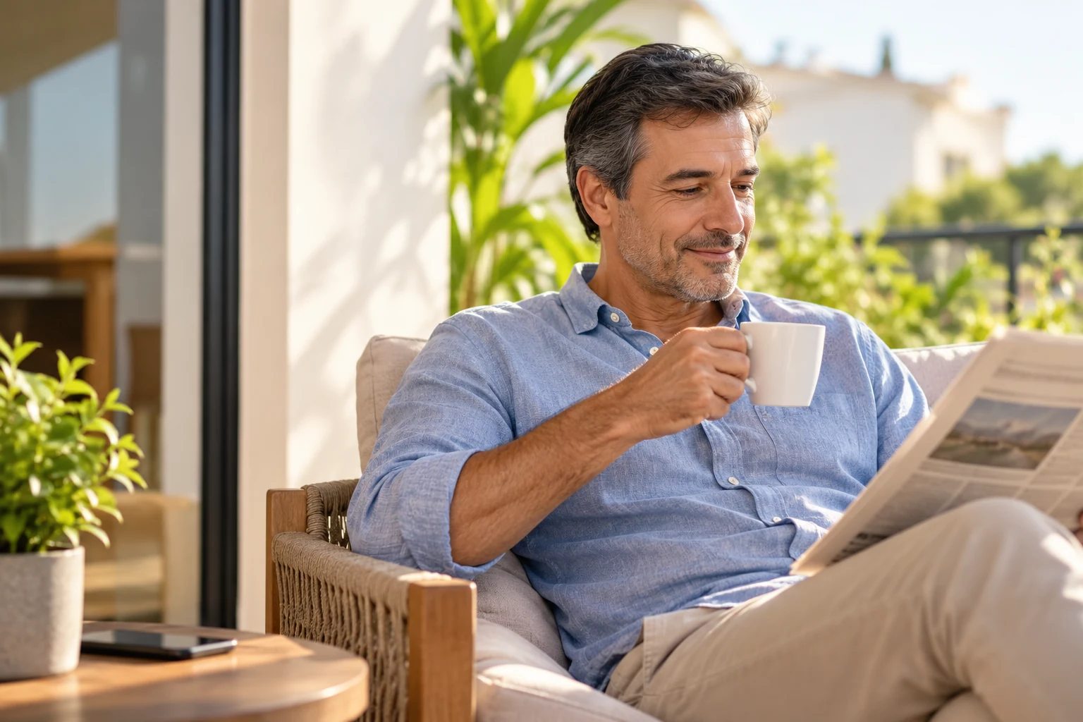 Hombre de mediana edad, tranquilo y sonriente, toma un café mientras lee el periódico en la terraza de su casa, con plantas y luz natural de la mañana