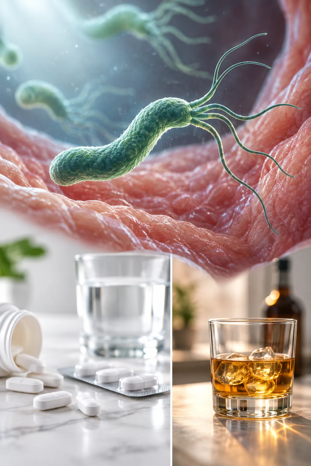 Collage: Helicobacter pylori sobre la mucosa gástrica, medicamentos y alcohol