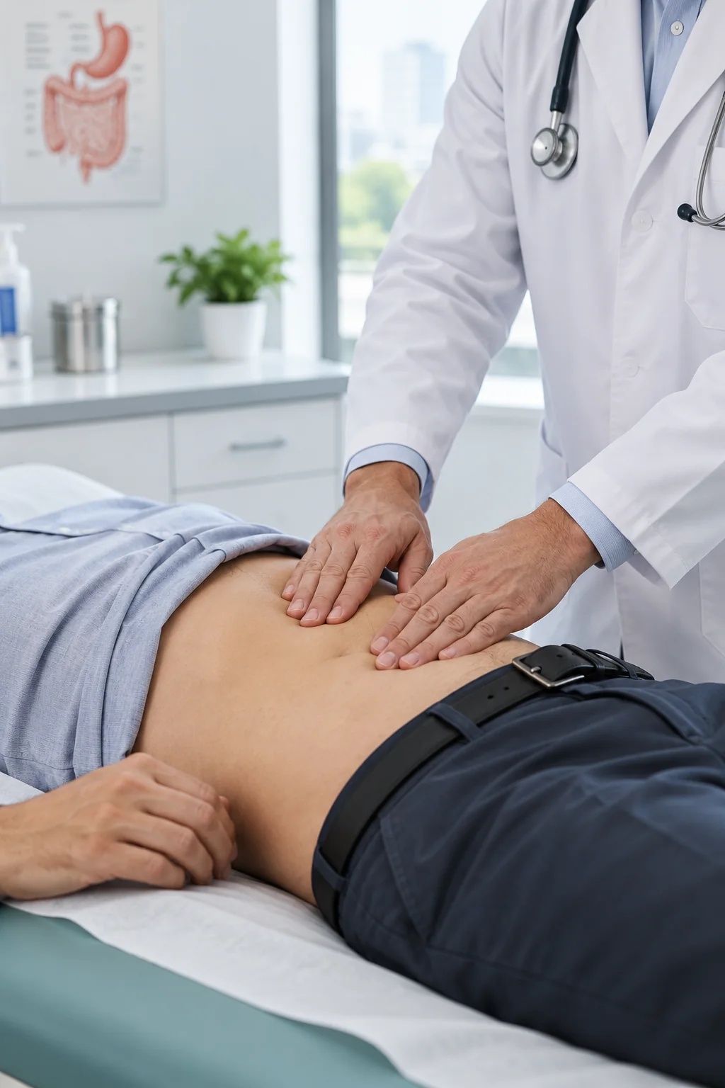 Médico realizando la exploración abdominal a un paciente en camilla