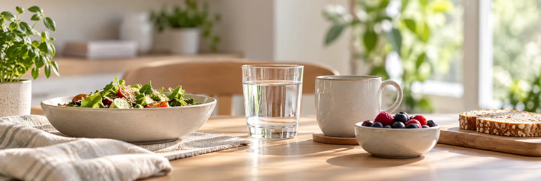 Mesa con ensalada, vaso de agua, taza y fruta en un ambiente luminoso