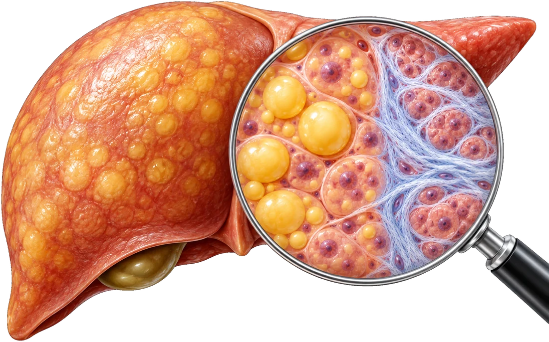 Ilustración de un hígado con una lupa: dentro de la lupa, a un lado células con gotas de grasa y al otro tejido fibroso de cicatriz