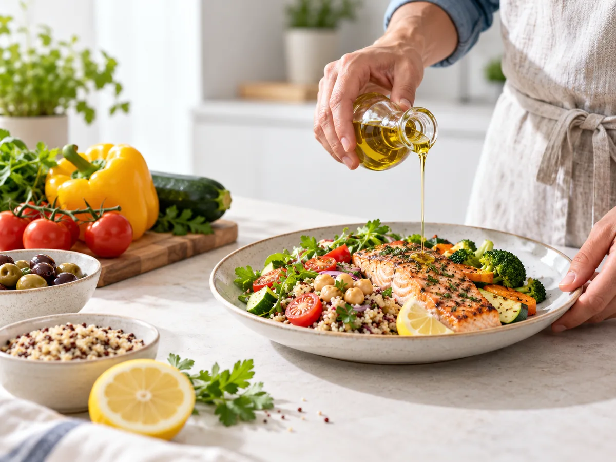 Plato de estilo mediterráneo con salmón, quinoa, garbanzos y verduras, mientras se añade aceite de oliva